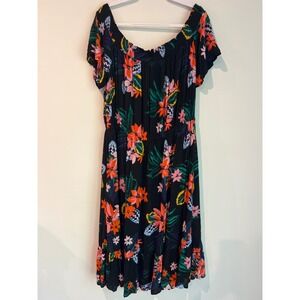 Old Navy Womens XXL Tropical Floral Off Shoulder Midi Dress Black Rayon Ruffle